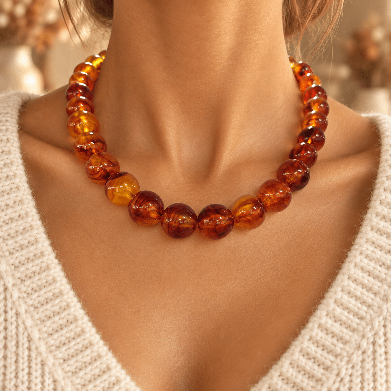 Women's Vintage Orange Brown Beaded Statement Necklace